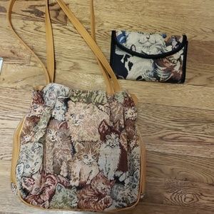 Vintage tapestry cat lady purse and wallet bundle